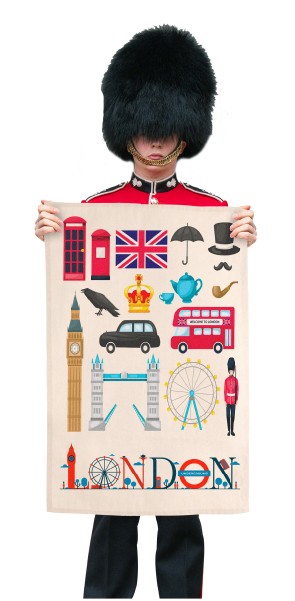 man holding souvenir tea towel